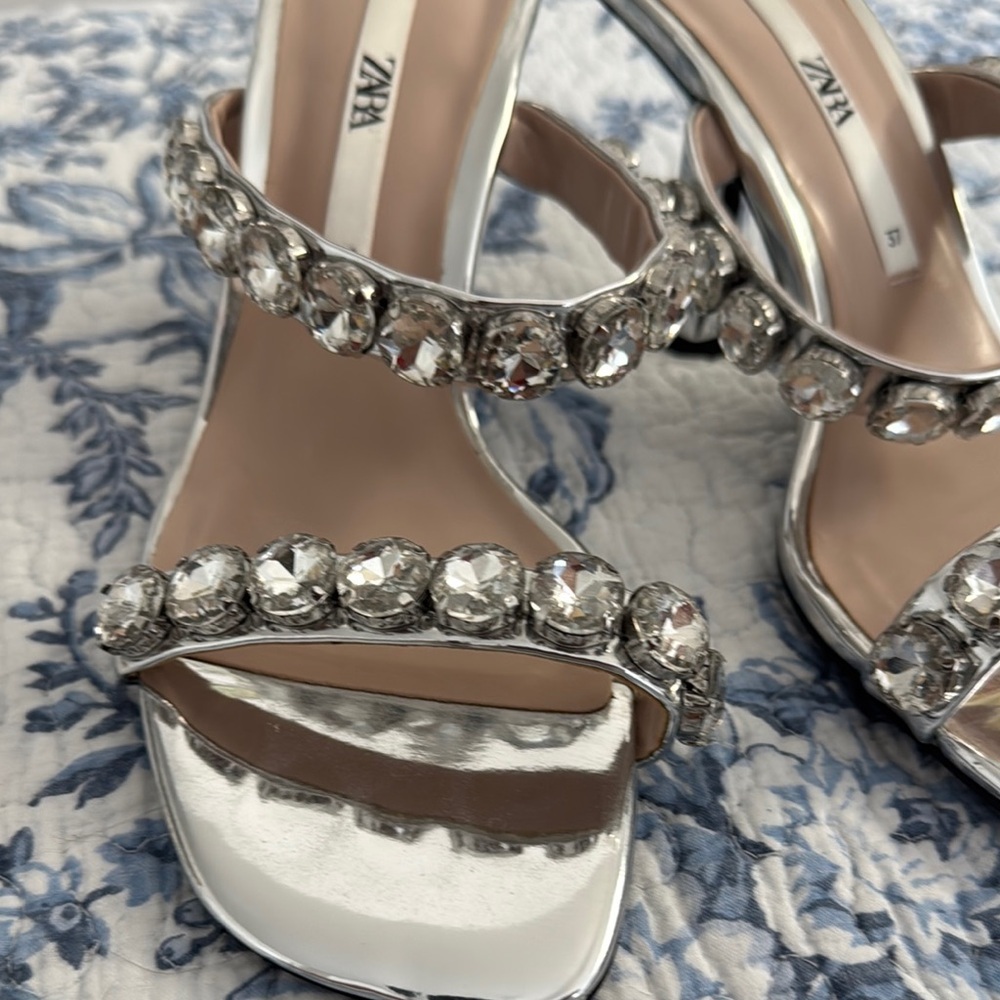 Zara Silver Metallic Jeweled Heels - Picture 3 of 12